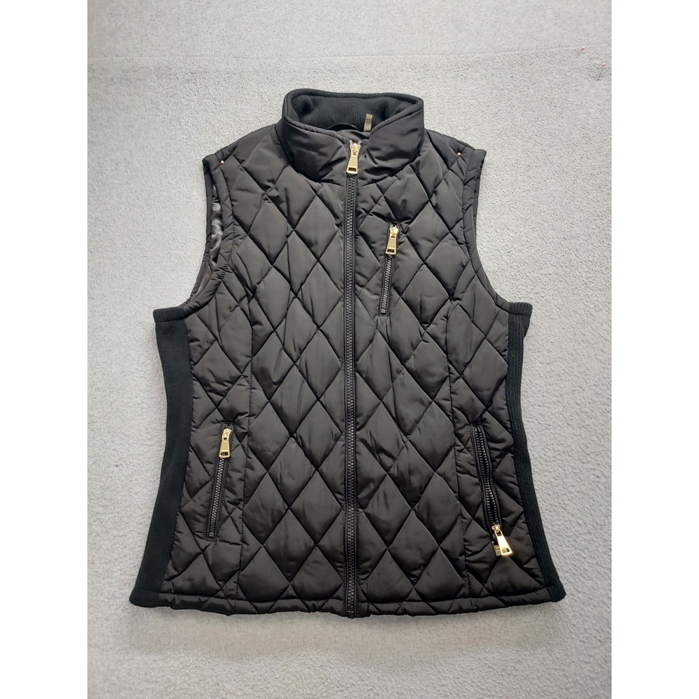 Calvin Klein Women Puffer Vests XL Black Side Panels Mock Neck Full Zip Casual